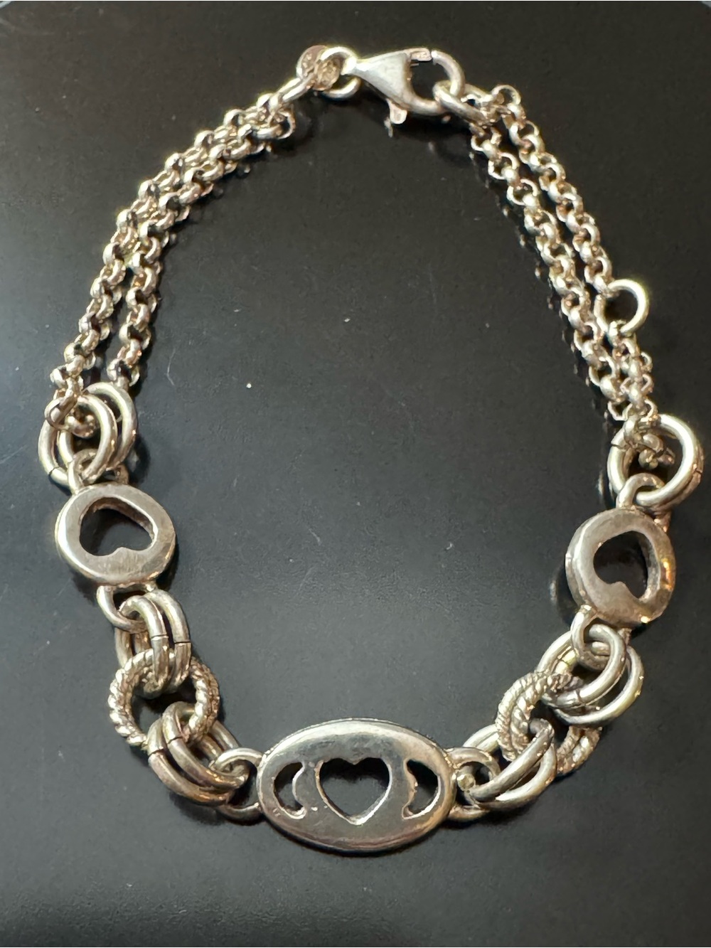 Vintage Italian Sterling Silver Heart Link Bracelet - Mixed Chain 925